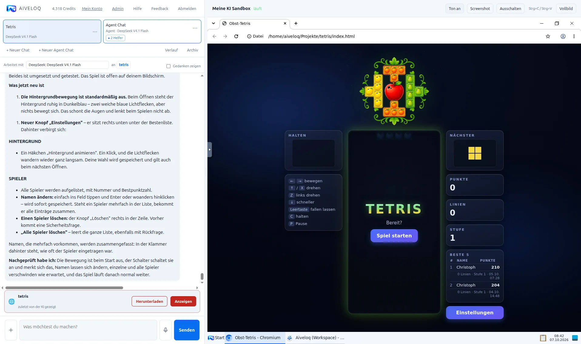 Aiveloq im Browser: links der Chat mit der KI, rechts der Bildschirm der Sandbox mit einem Browser, in dem ein selbst gebautes Tetris läuft.